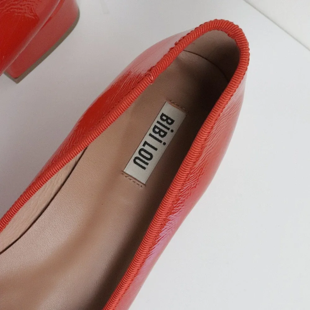 Anthropologie Bibi Lou Heeled Ballet Pumps 40 9 Red Patent Leather Square Toe